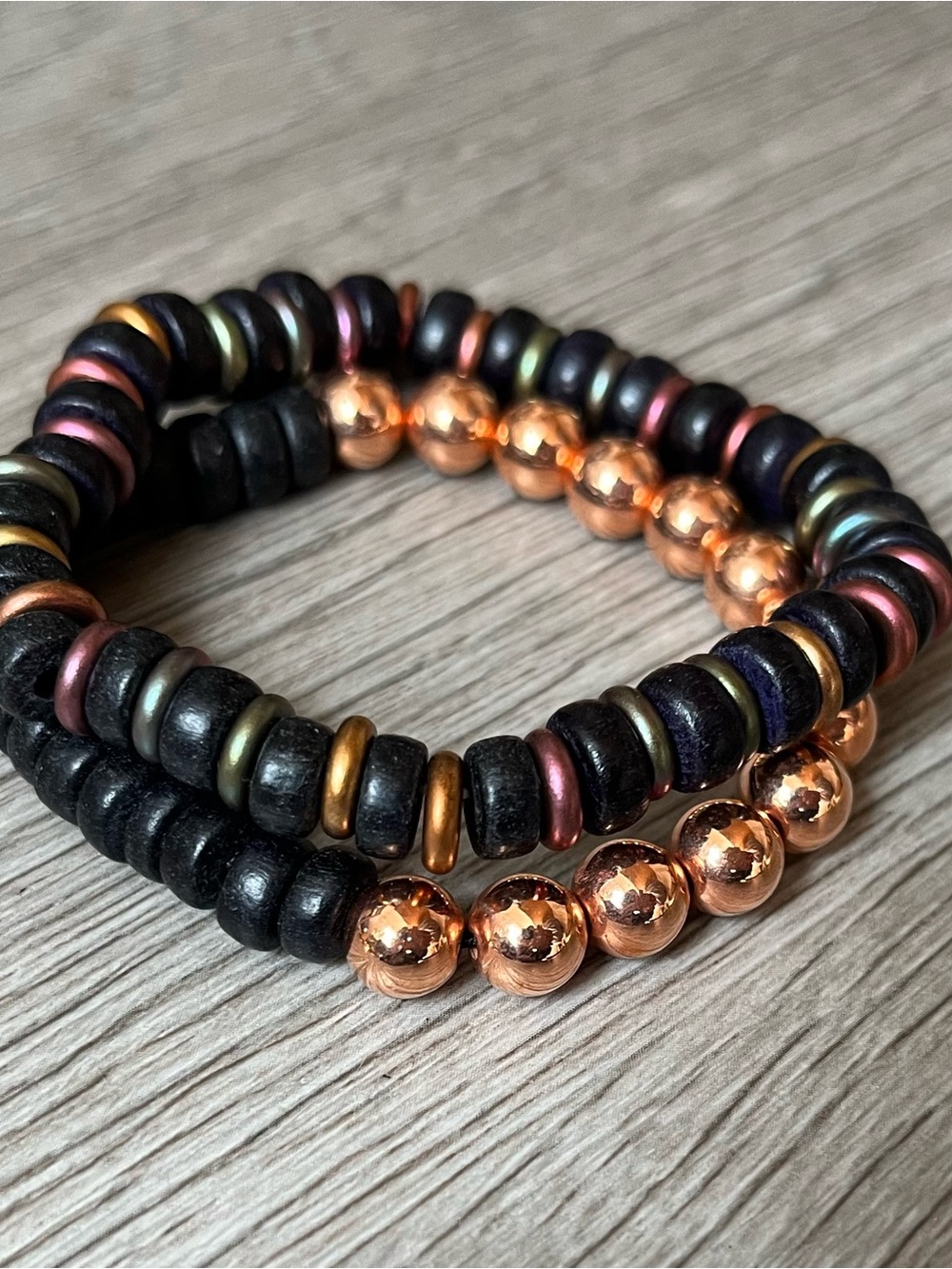 Stacked Bead Bracelet Set in Black and Copper